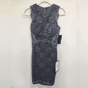 NWT Elegant Lace Sleeveless Dress in Gray With Pearl Accents